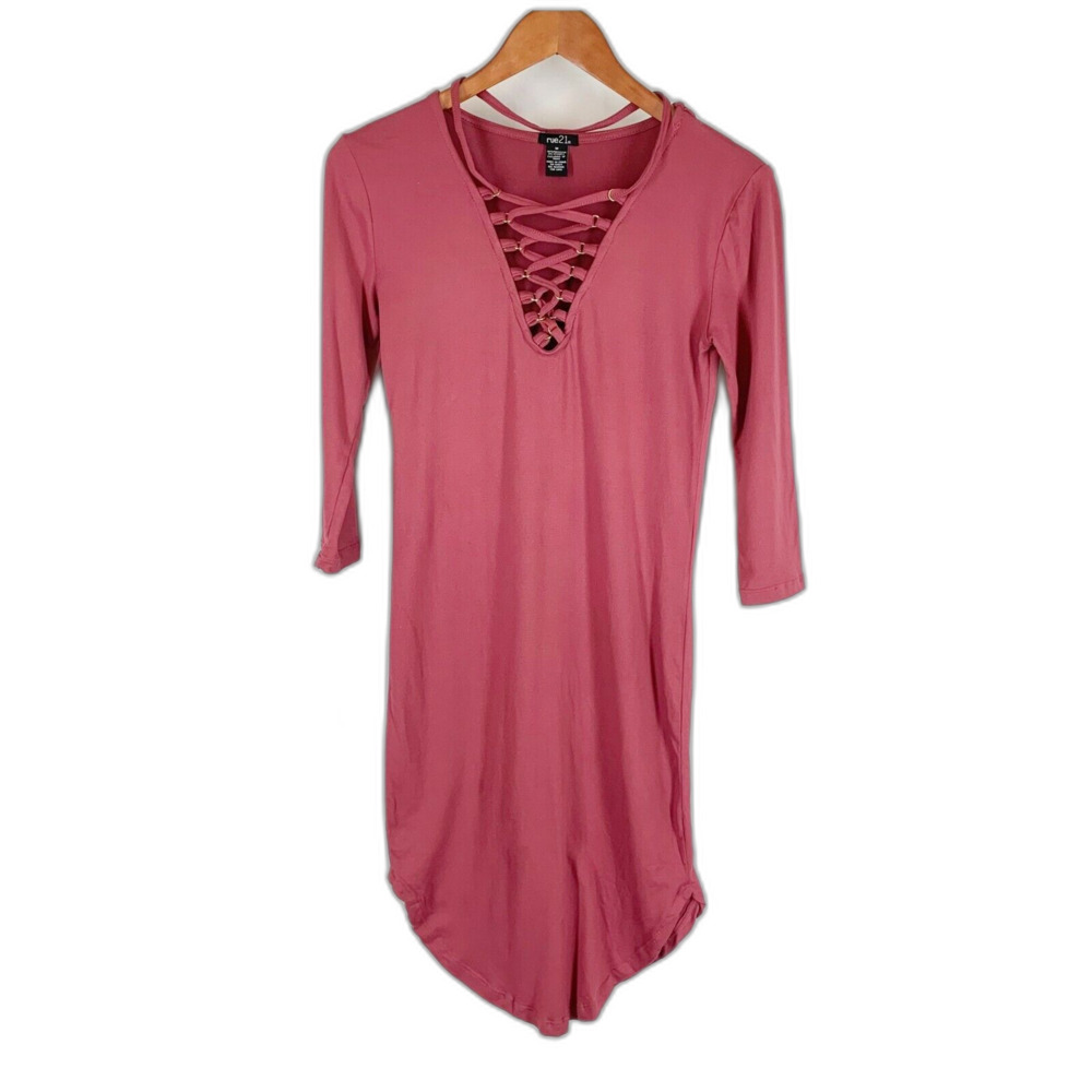 Rue 21 Dress M Purple Lace Up Front 3/4 Sleeves Jersey Stretch Knit Knee Length